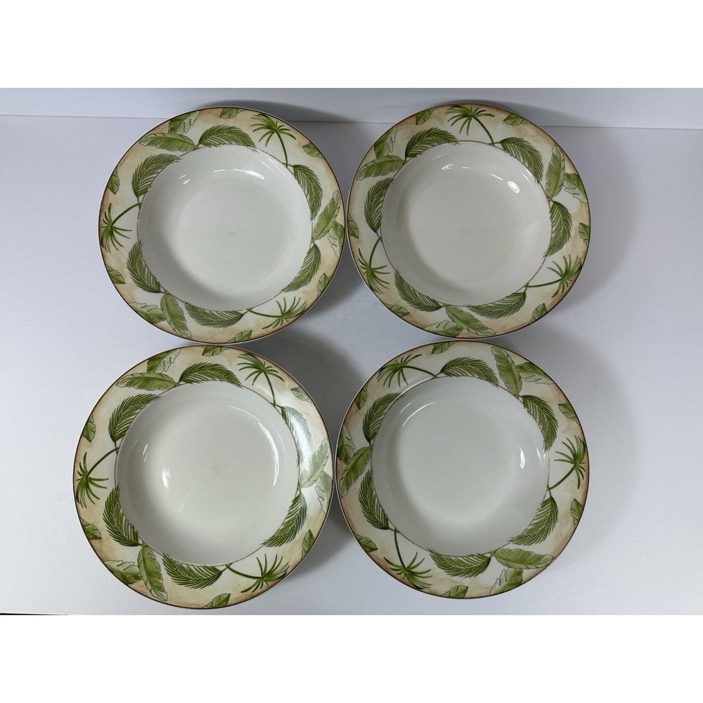 American Atelier Tropical Palm Rimmed Soup Bowls 8 7/8" Set Of 4 5185 Porcelain